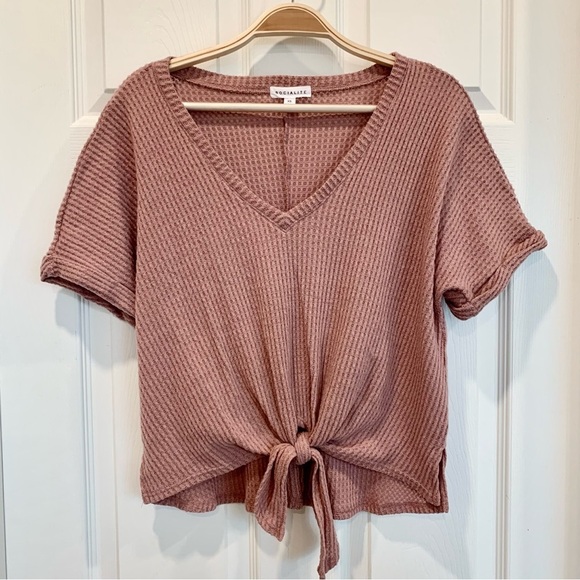 Dusty Rose Pink Thermal Waffle Knit V-Neck Tie Front Short Sleeves Tee Top - Picture 1 of 4